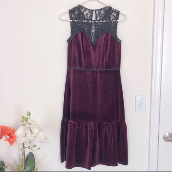 NANETTE lepore Purple Velour Sweetheart Illusion Lace Yoke Sleeveless Dress - Picture 4 of 10